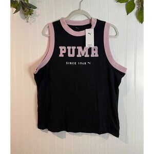 Puma Womens Black Tank Top With Pink Trim Sleeveless Cotton Blend Size L